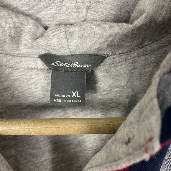 Eddie Bauer Shirt Jacket Women's XL Red Ivory Plaid Hi-Low Button Front Hooded - Picture 14 of 16
